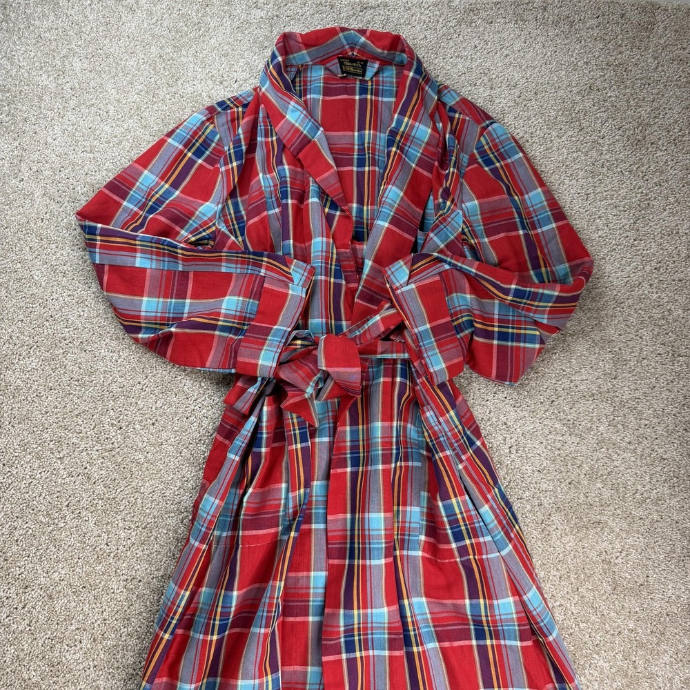 Vintage Perma-Prest Robe Mens Medium Red Plaid Lightweight Belted Long Sleeve